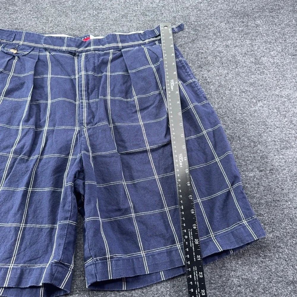 Tommy Hilfiger Mens 34 Blue Plaid Linen Cotton Pleated Shorts Side Adjusters